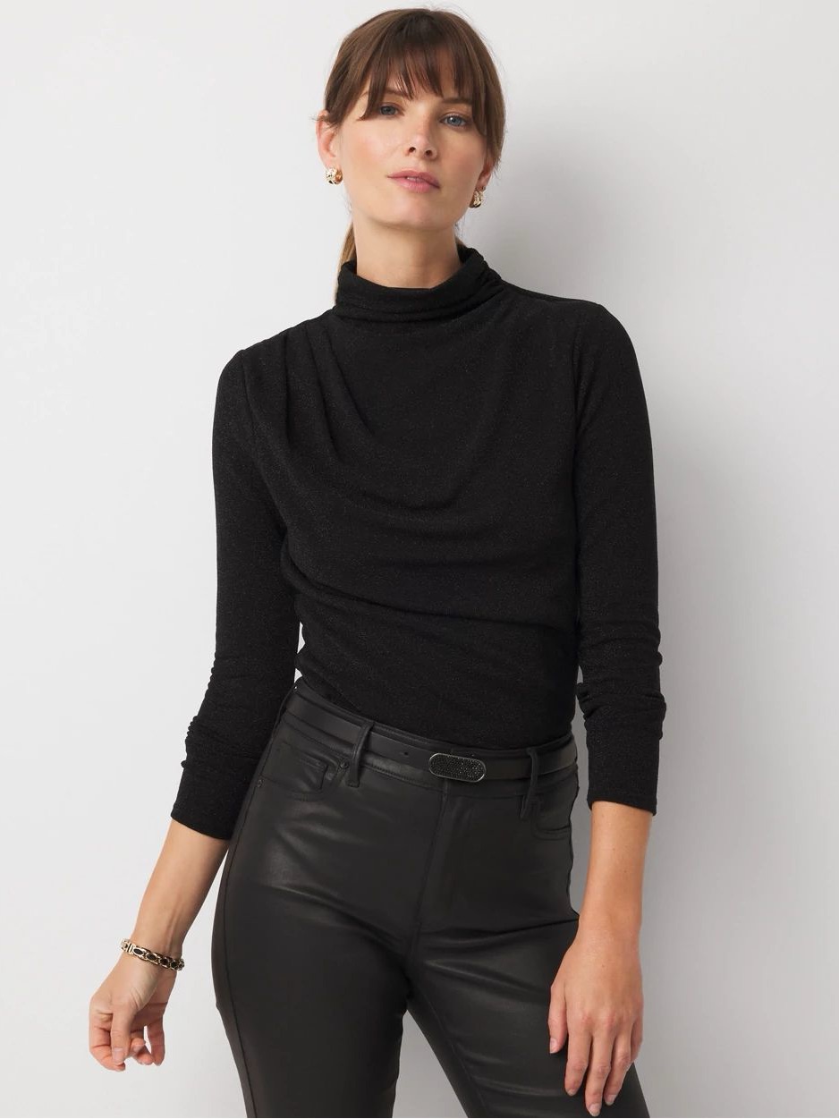 White House Black Market Top Black Metallic Ruched Funnel Mock Neck Large L Whbm